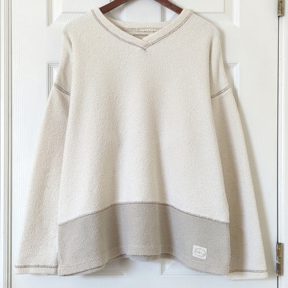 Minerals 90's Vintage Woven Cotton Knit Pullover V-neck Sweater Ivory Taupe L - Picture 1 of 12